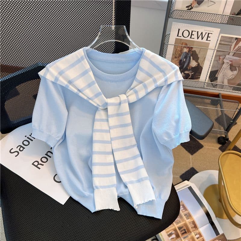 2025 Summer Milk Blue Short-Sleeve Knit Top with Shawl, Chic Korean Style Fake Two-Piece Fashion Loose Blouse for Women