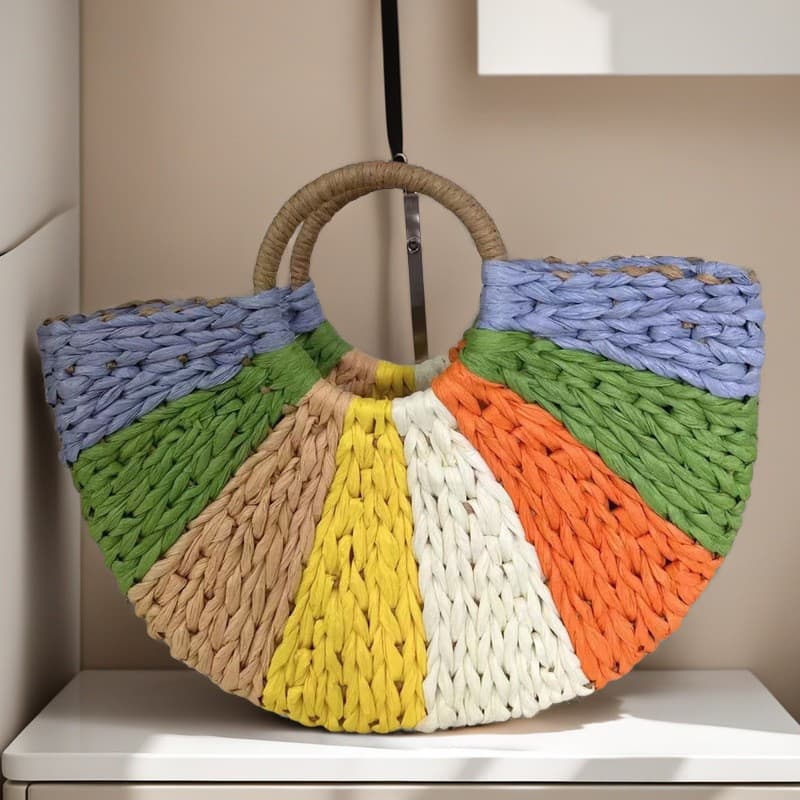 Large Capacity Woven Beach Bag, Fashionable Straw Bag, Simple and Versatile Shoulder Bag, Colorful Semi-Circular Women's Bag