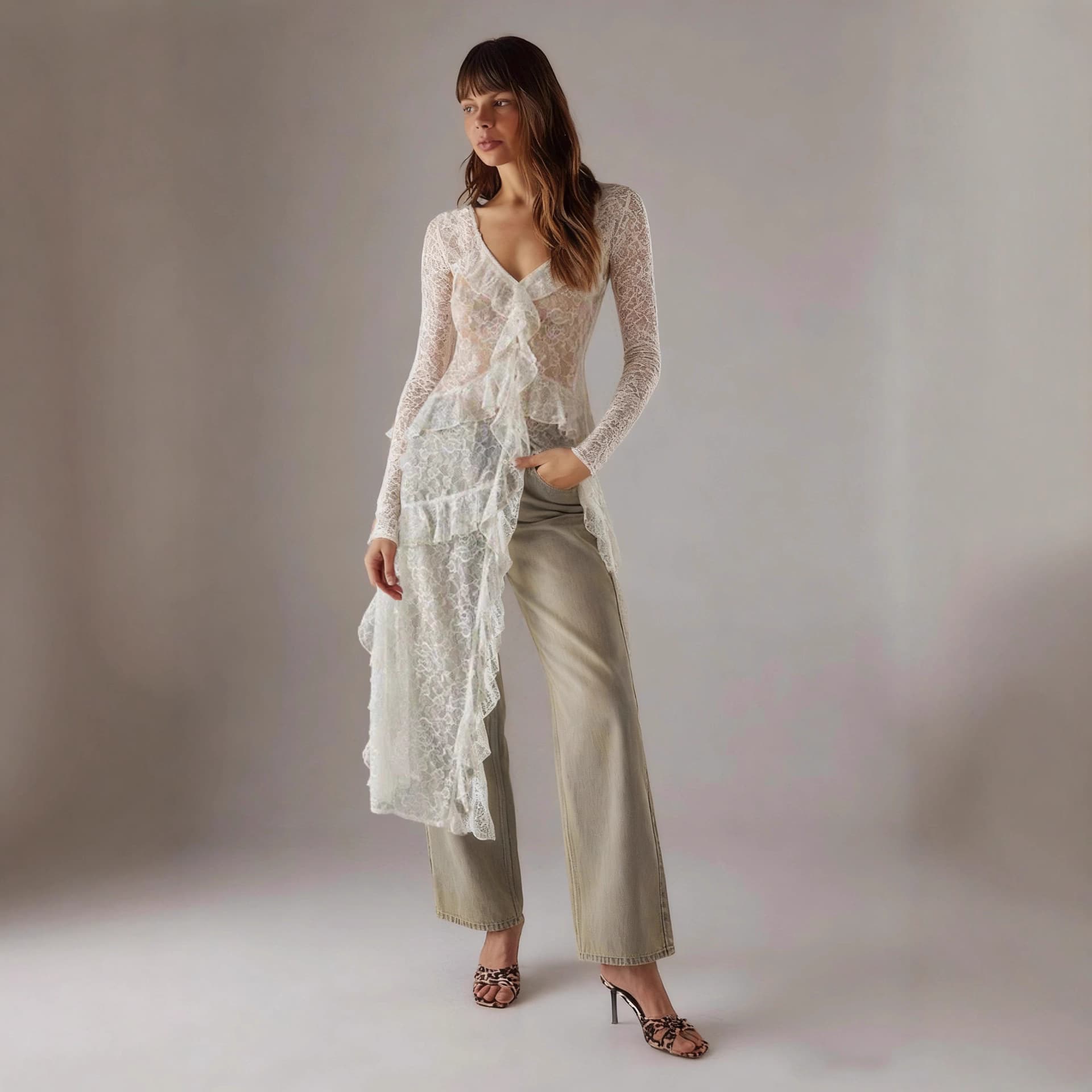 Amazon resort style sexy see-through lace sunscreen cover-up butt-covering long skirt with ribbons