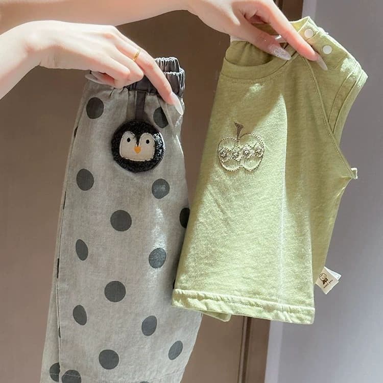 Quality Choice | Baby Boys Summer Apple Vest Two-Piece Set Boys Polka Dot Wide-Leg Pants White Green T-Shirt Summer