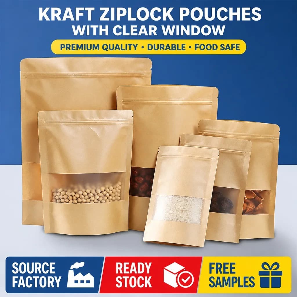 Stand-up zipper kraft bag with window Food contact material