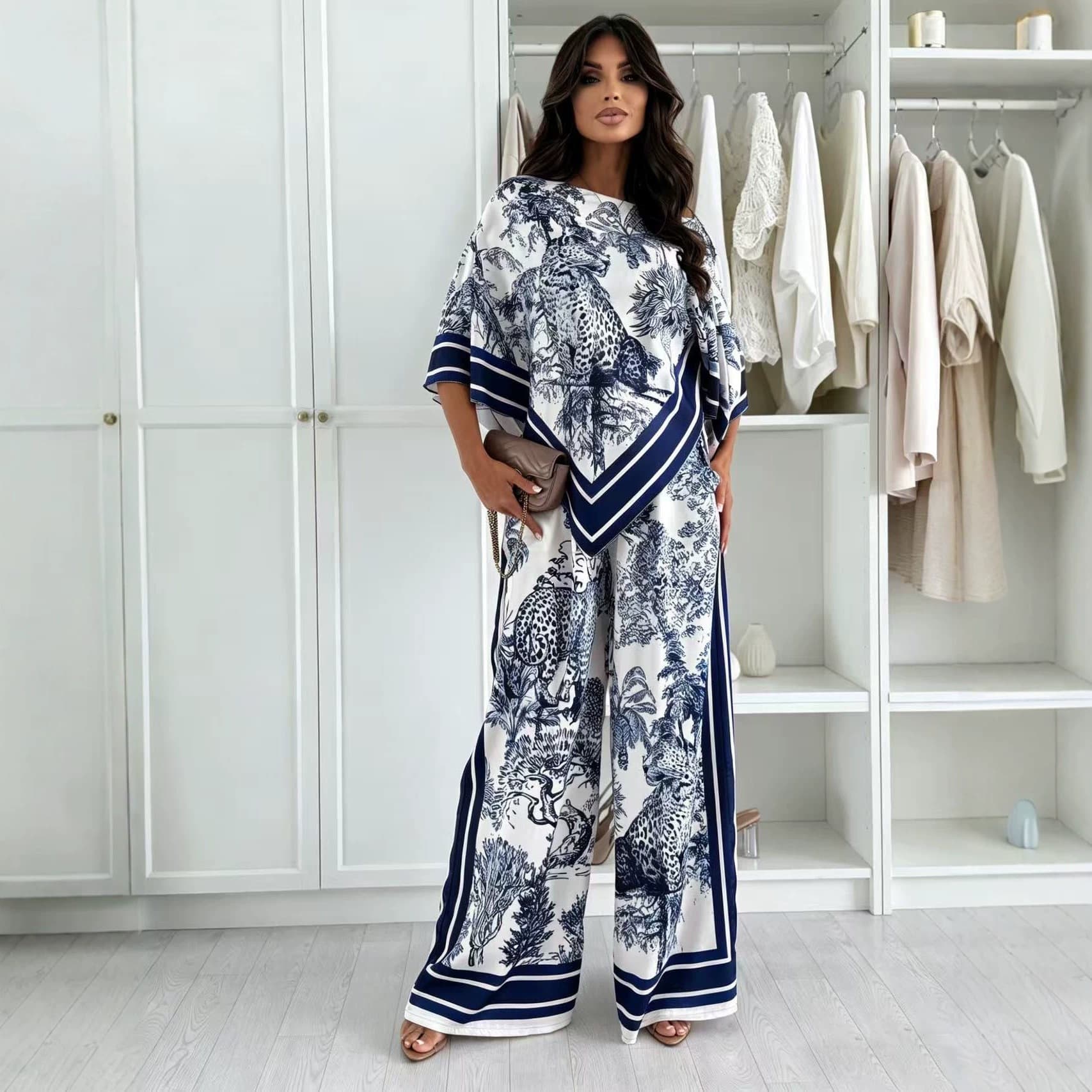2026 Amazon AliExpress Spring/Summer New Fashion Printed Top and Matching Pants Set in Navy Blue