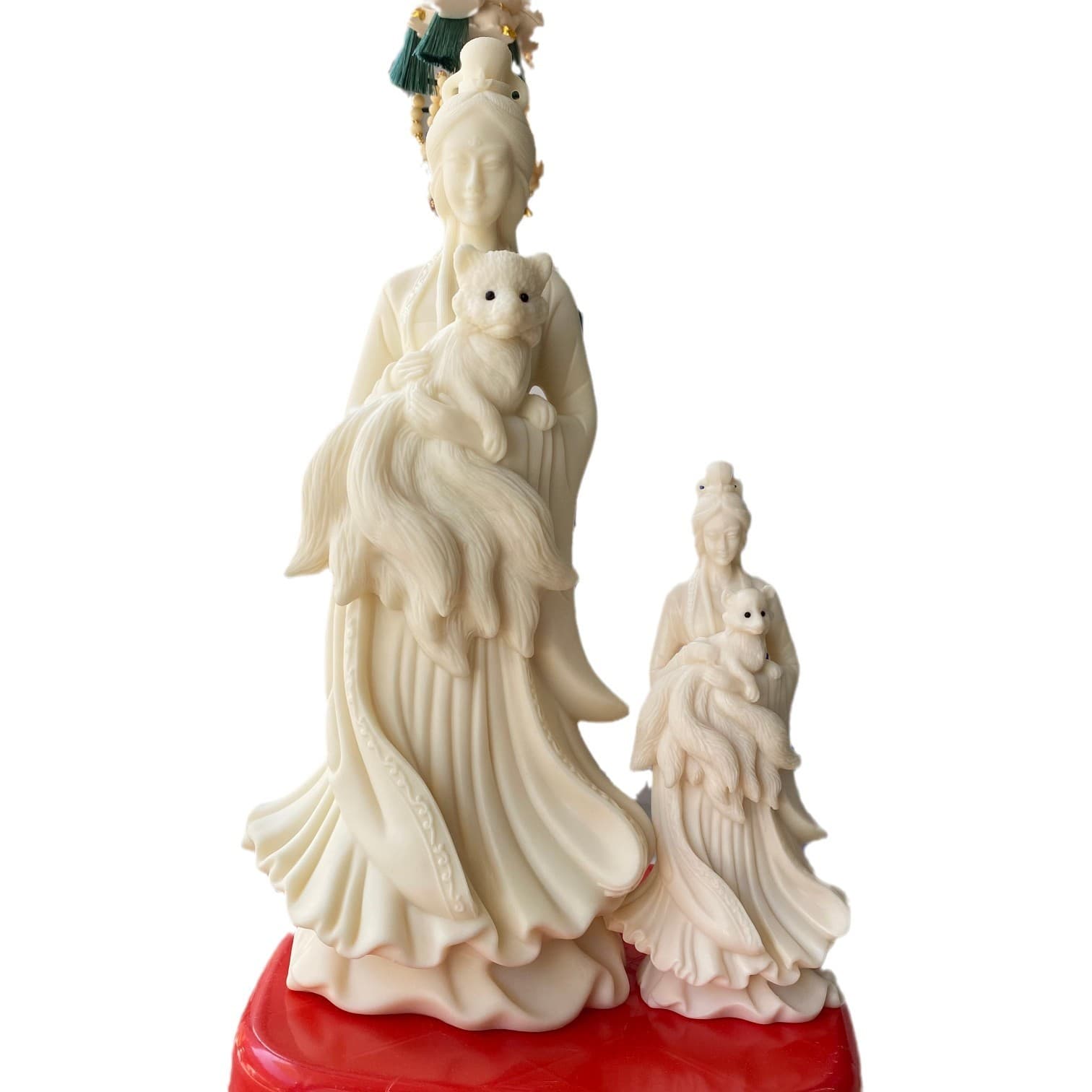 Ivory Nut Carved Nine-Tailed Fox Fairy 35/16/13cm Decorative Craft Ornament for Living Room Office Desk