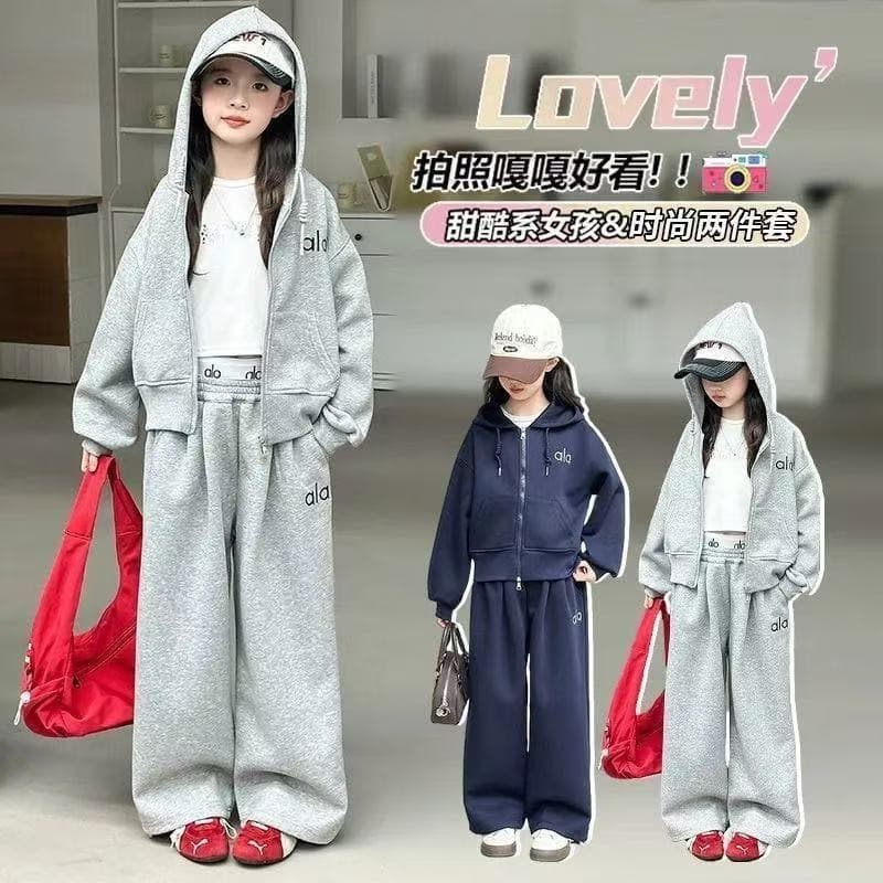 Girls' Fall Casual Outfit Set 2026 New Korean Style Trendy Kids Clothes Girls Spring Autumn Jacket Wide-Leg Pants Two-Piece Set