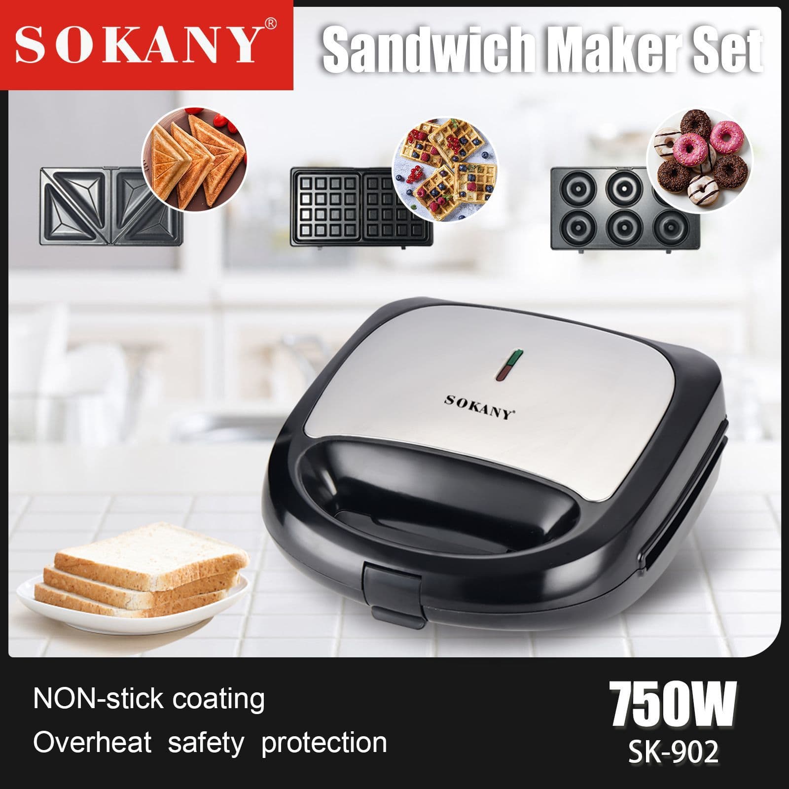 EU Plug Cross-border SOKANY 902 Multi-function Sandwich Maker 3-in-1 Waffle Donut Baker Toaster