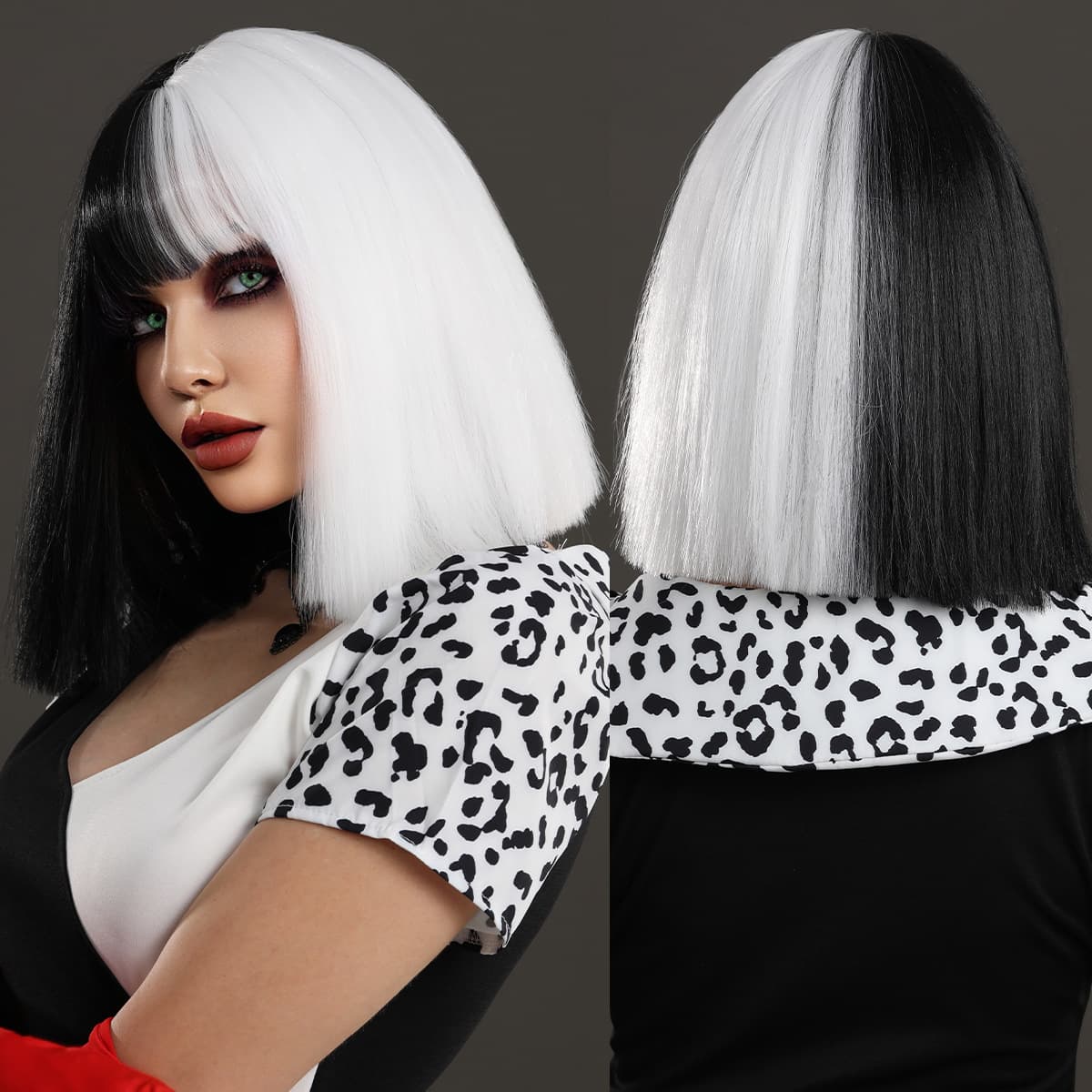 Pay attention to ordering cross-border European and American Halloween wig sets cosplay black and white wig Cruella short straight hair wholesale