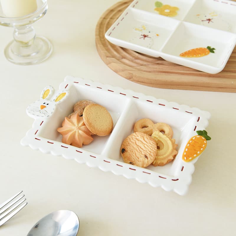 Japanese Hand-Painted Four-Compartment Plate Dumpling Plate Ceramic Plate Creative Breakfast Divided Plate Cartoon Cute Fruit Plate Dessert Plate