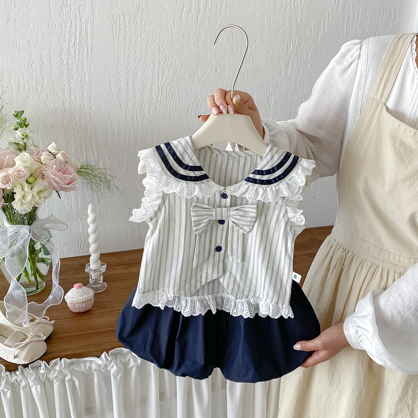 Dianxi baby summer new bow striped college style vest baby casual bud shorts two-piece set
