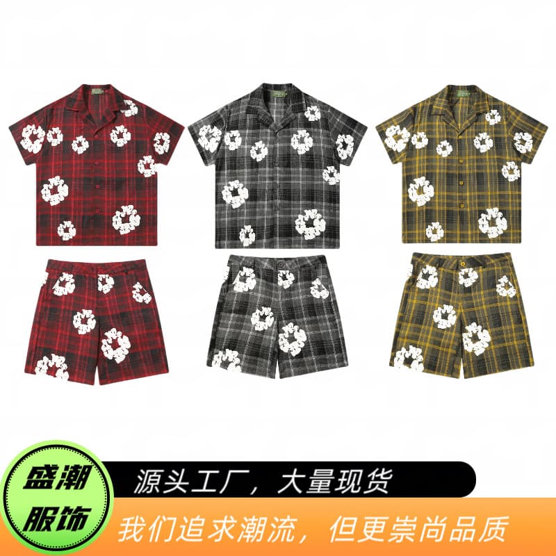 New American-style cross-border DENIM (full series) Kapok Flower Plaid Short-sleeved Shorts Set for Couples
