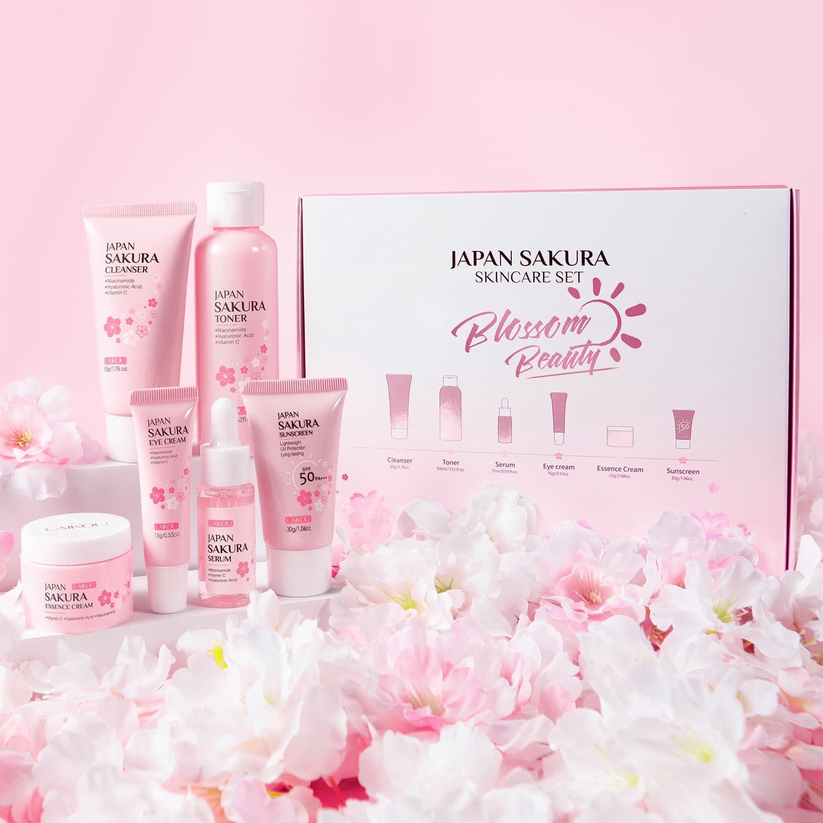 LAIKOU Sakura Skincare Six-Piece Set Facial Cleanser Essence Eye Cream Day Cream Toner Sunscreen for All Skin Types