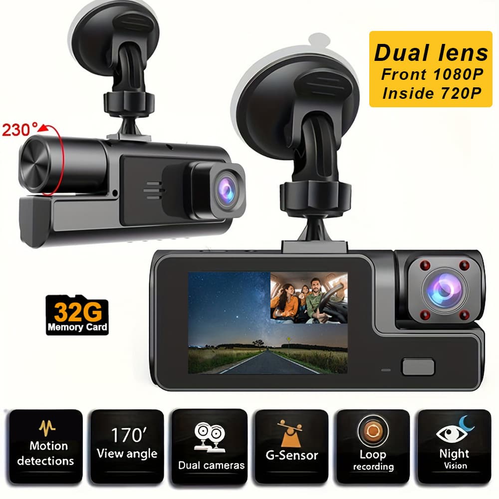 Fully Compliant Dual-Lens Wide-Angle Front and Interior Car Dash Cam with 32G Card, Vehicle-Mounted, Cross-Border