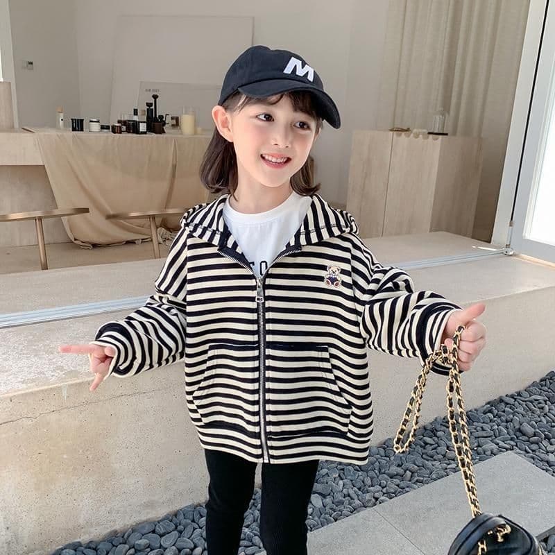 Girls' coat spring and autumn 2025 new style little girl's stylish striped hooded cardigan children's autumn top trendy cotton