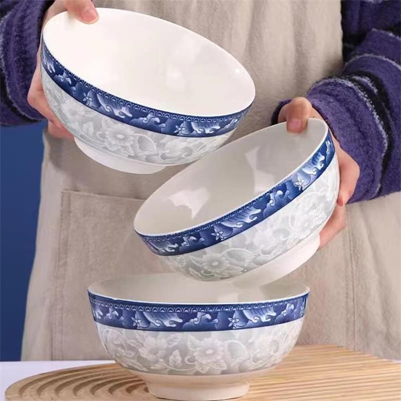 Blue and White Porcelain Tableware, 11-inch Large Soup Bowl with Lotus Pattern, Home Pickled Fish Bowl, Multi-flower Creative Edge Soup Bowl