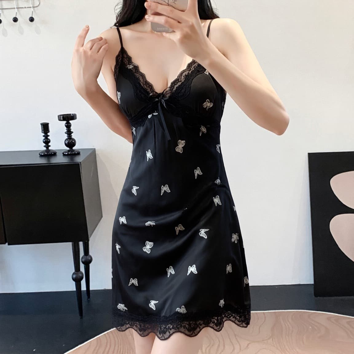 Silver Butterfly Ice Silk Sexy Women's Pajama Camisole Nightgown Lace Trim Spring Summer Thin Imitation Silk Loungewear