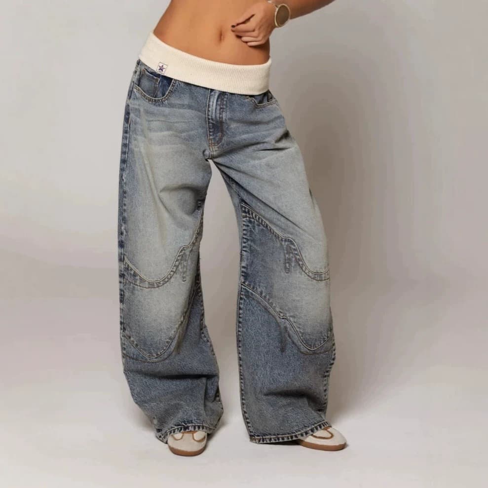 Overseas European and American Cross-Border Street Washed Distressed Blue Jeans Men and Women Straight Loose Design Casual Long Pants