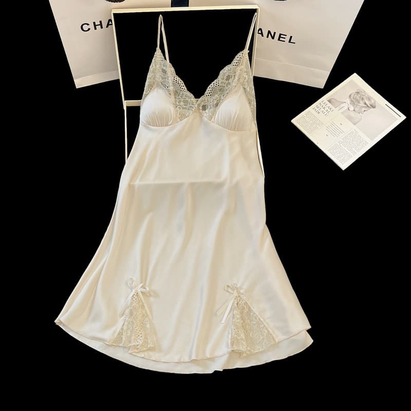 Sexy Nightgown for Women Summer Ice Silk 2025 New Thin Lace Premium Light Luxury with Padded Strappy Sleep Dress