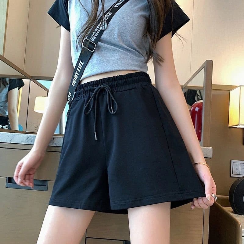 2025 New Version Korean Style Sports Shorts for Women High-Waist Loose Slimming Wide-Leg Pants Solid Color Casual Pants Trendy Summer Cross-border