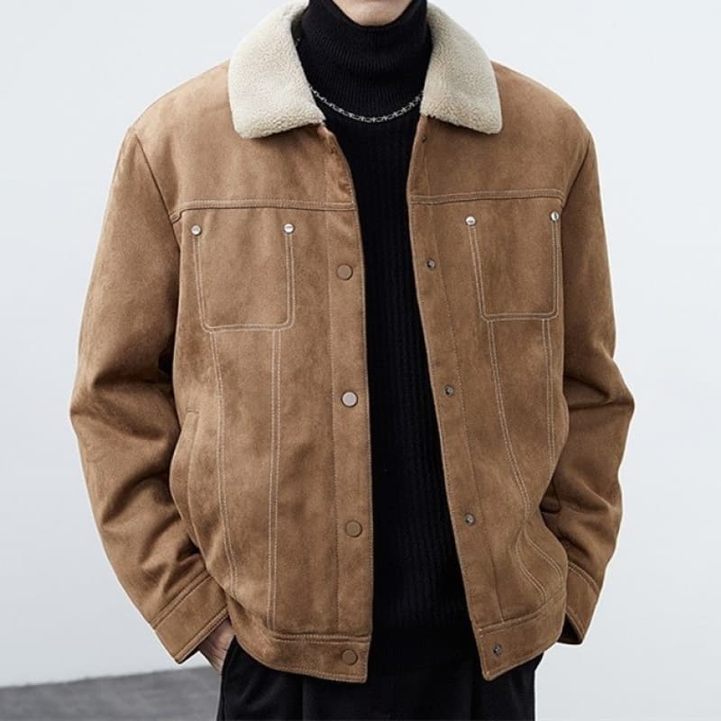 Mature Style Men's Suede Faux Shearling Short Jacket for Fall/Winter Commute Trendy Casual Workwear Coat