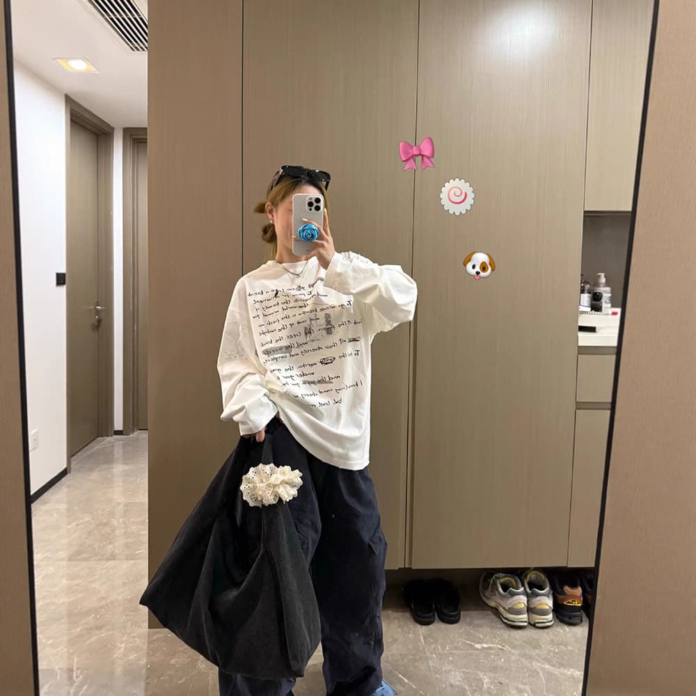 Fat mm American street style lazy style large size long-sleeved women's spring and autumn graffiti letters couple round neck t-shirt pure cotton top