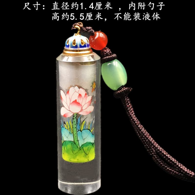 Necklace pendant with hand-painted interior snuff bottle, cylindrical shape, portable threaded mouth, unique gift handicraft.