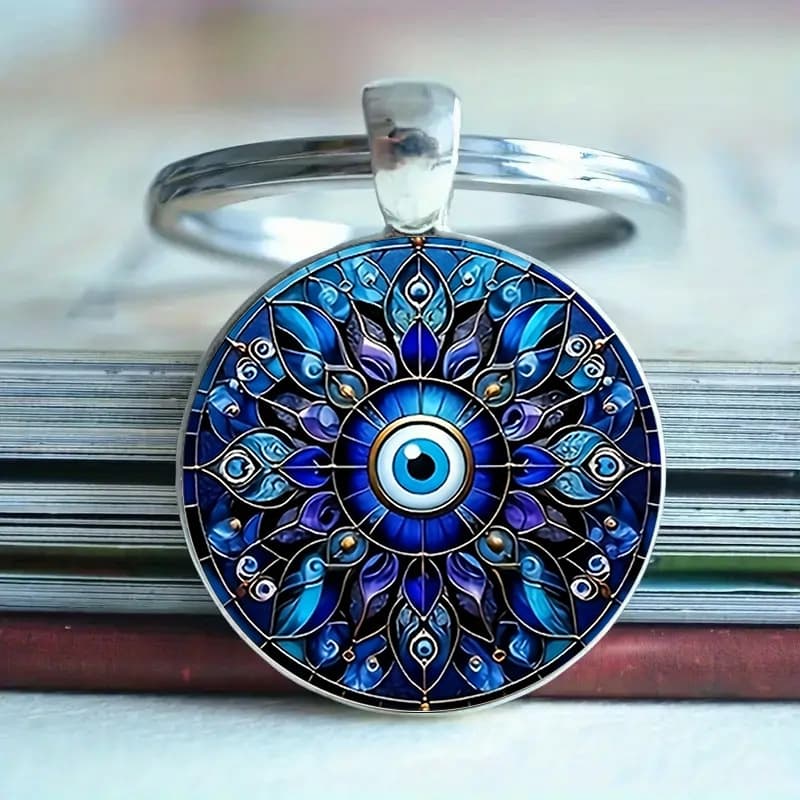 Fashionable blue magic eyes pattern time gemstone alloy pendant keychain factory direct sale