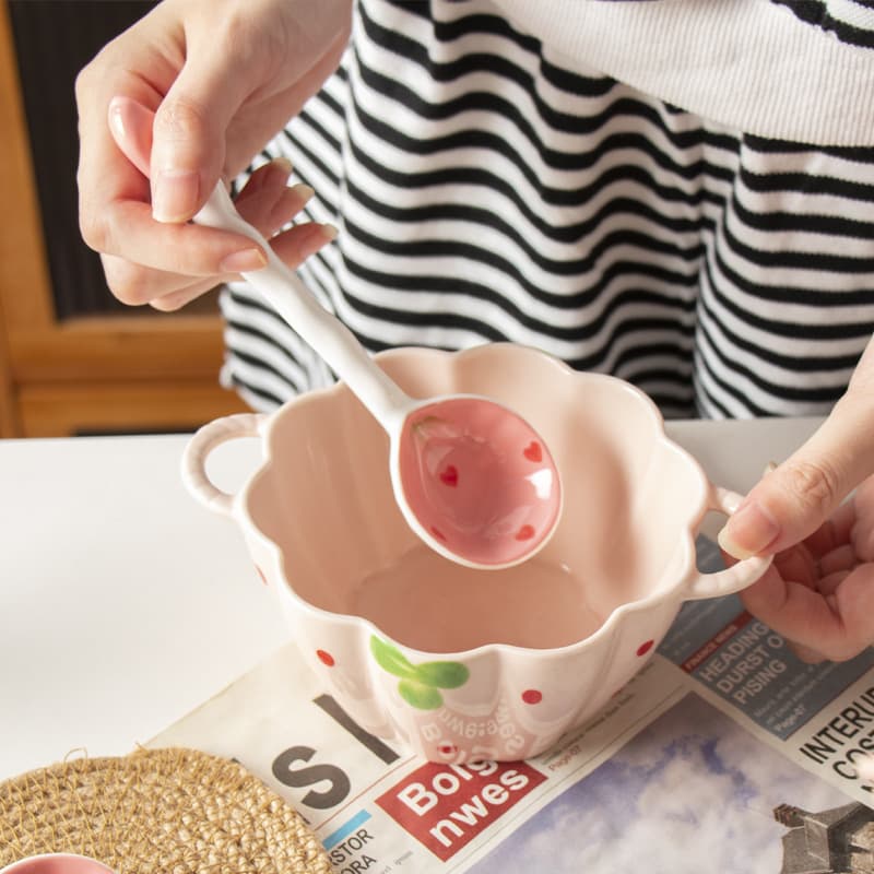 Strawberry Double-Handle Pumpkin Bowl High-Appearance Luosifen Large Bowl Student Dormitory Cute Noodle Bowl Soup Bowl Large