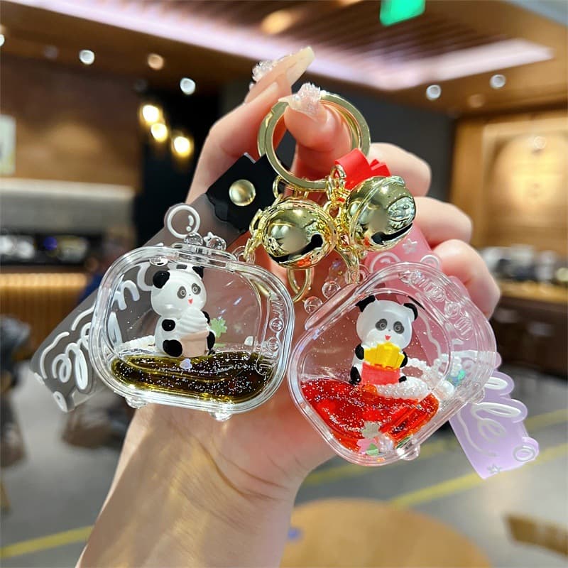 Acrylic Liquid Oil Quicksand Bottle Keychain Chinese Trend TV Panda Hamburger Fries Floating Panda Figure Pendant