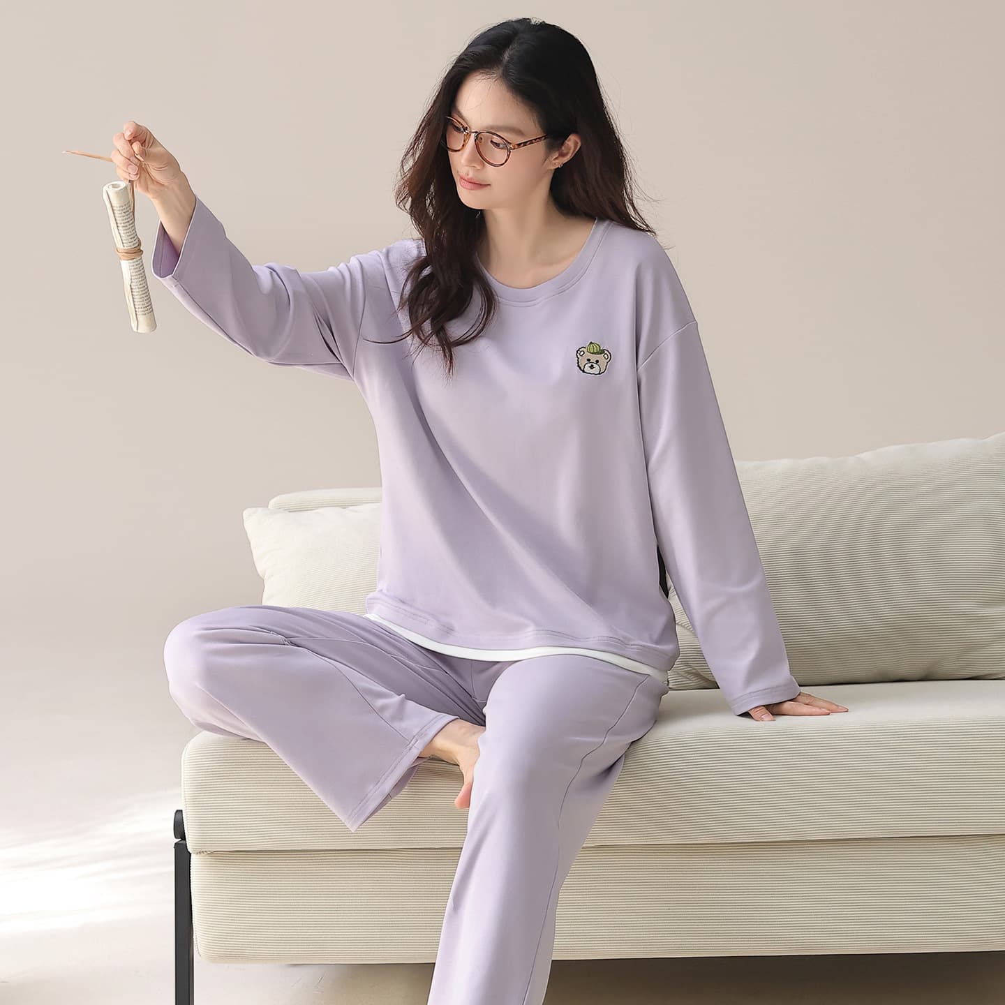 100% Cotton Pajamas Women Spring Autumn Round Neck Pullover Long Sleeve Loose Casual Solid Cartoon Homewear Ladies Suit