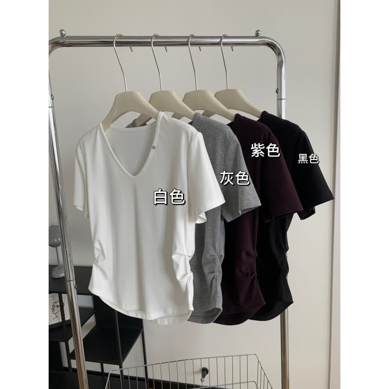 Slim-Fit V-Neck Short-Sleeve T-Shirt for Women, Summer Waist-Cinching Pleated Design, Versatile Solid Color, Irregular Top