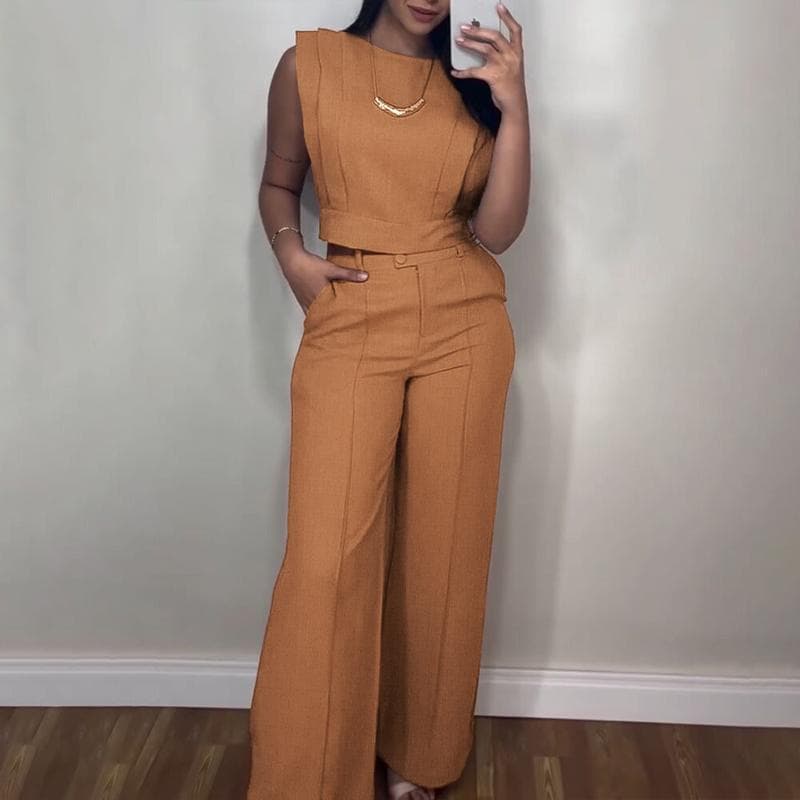 Q 78263 Casual Solid Color Sleeveless Top Wide Leg Pants