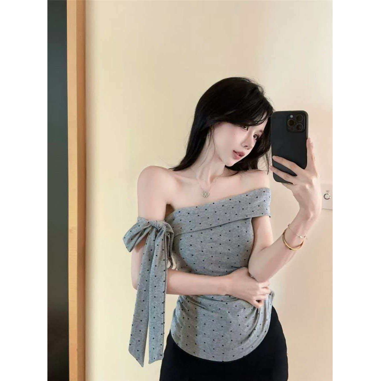 Kumikumi Pure Desire Bow Tie Polka Dot Short-Sleeved T-Shirt for Women 2026 Summer New Slim Fit Off-Shoulder Top