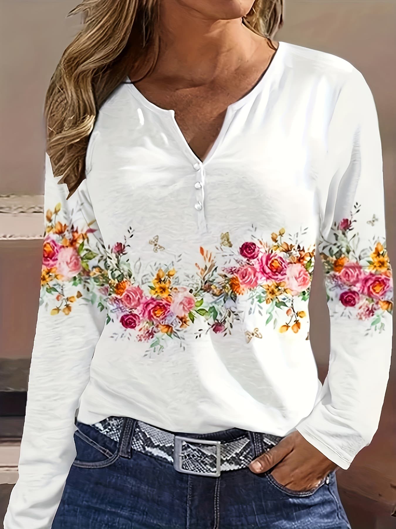 C 57707 Floral Print V-Neck T-Shirt