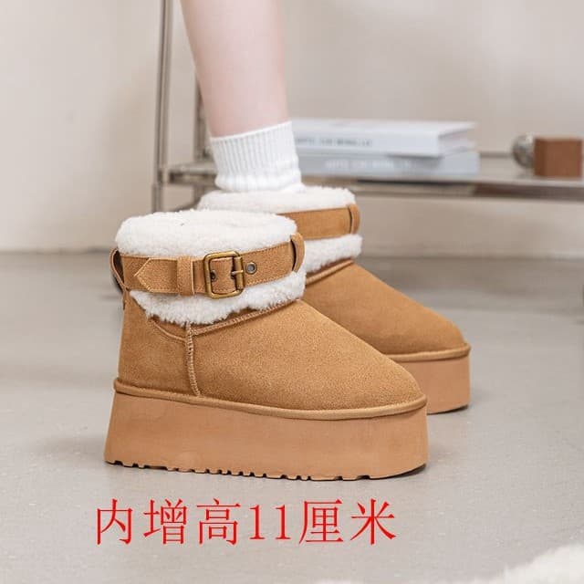 Zhou Dongyu Winter Warm Fur Leather Snow Boots with 11cm Height Increase, Lightweight Chunky Sole, Thick Fleece Bread Shoes