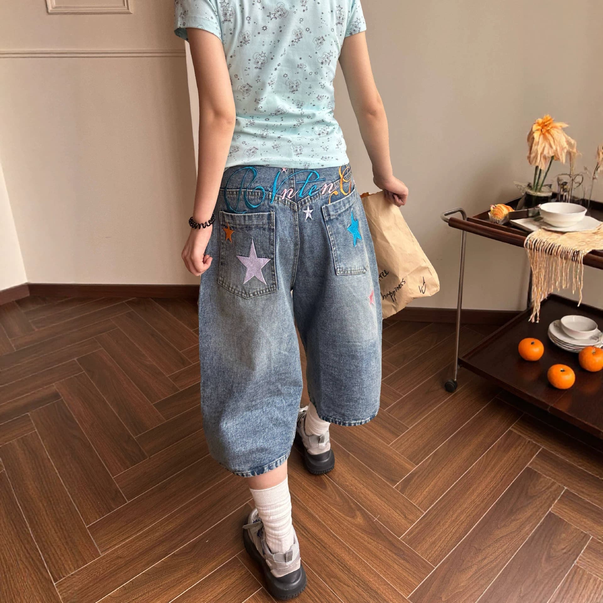 Embroidered Loose Wide-Leg Cropped Jeans for Women Summer Loose American Style Cropped Pants Slimming Fit Ladies
