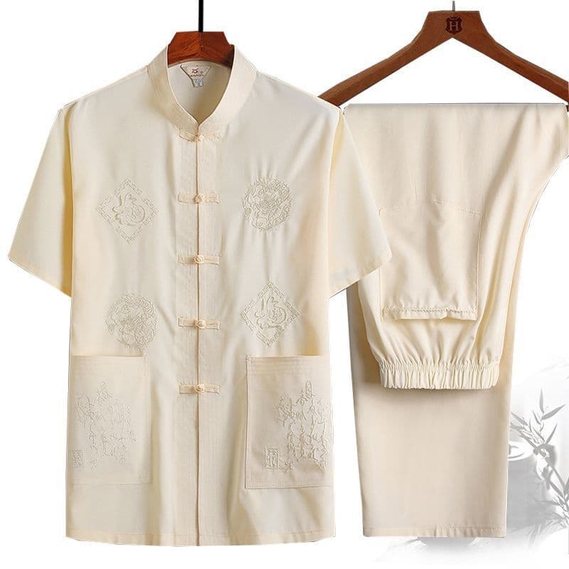 Chinese Style Men's Short Sleeve Shirt Set with Button for Dad Grandpa Summer Clothing Large Size Hanfu Business Casual Polyester Fiber