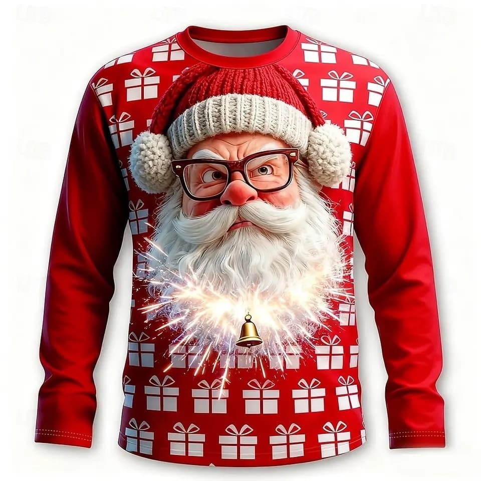 2026 Christmas Men's Santa Claus Funny T-Shirt Long Sleeve 3D Print Round Neck Shirt Personality Long Sleeve