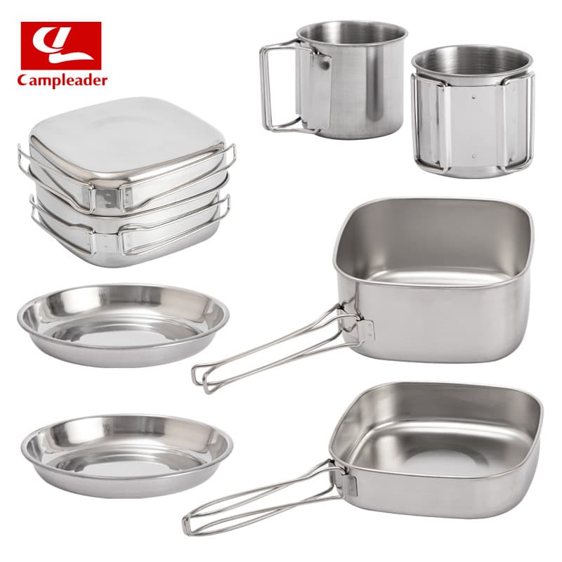 Outdoor 6-piece pot set, camping stainless steel pot, cup, lunch box, plate, cooking utensils, mountaineering bowl set, portable barbecue tableware for 3-4 people