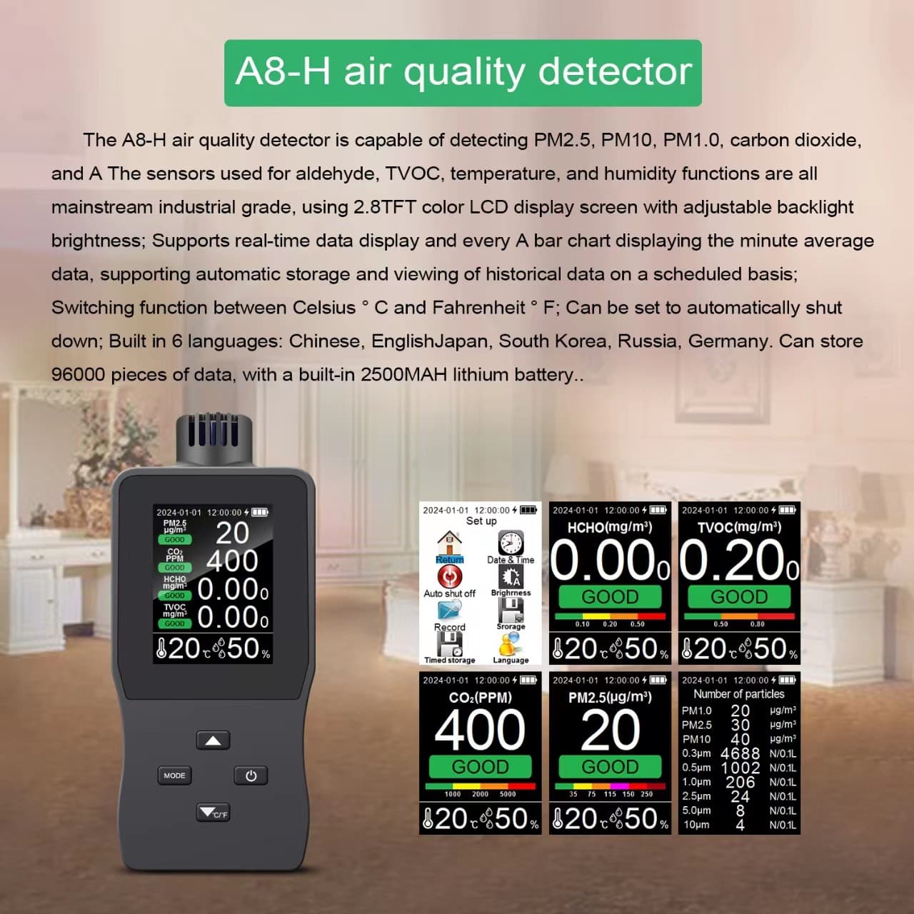 Ochuangrui A8-H Air Quality Detector Carbon Dioxide Detector PM2.5 Gas Detector