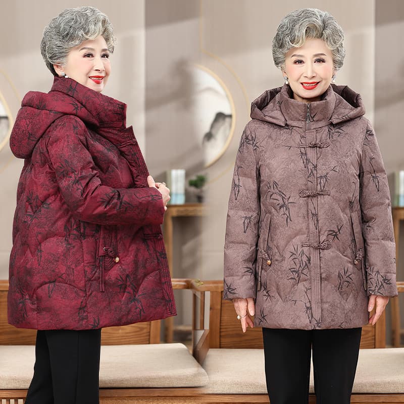 2025 New Style Grandma's Hooded Down Jacket, Mom's Mid-Length White Duck Down Warm Winter Thickened Winter Coat