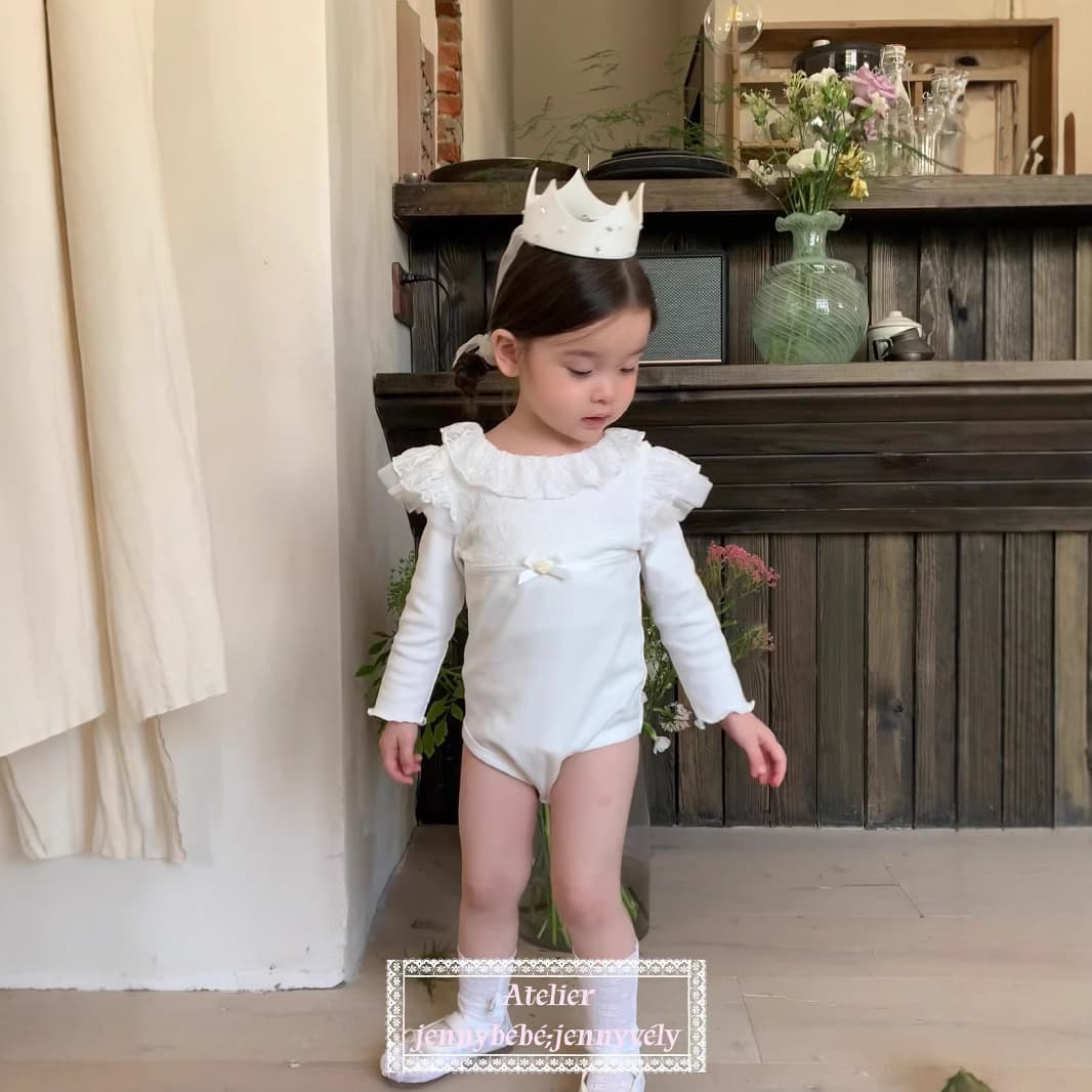 Jennybebe Lace Trimmed Baby Girl Romper Spring Birthday Celebration Outfit Cotton Long Sleeve Hoodless Footed Bodysuit