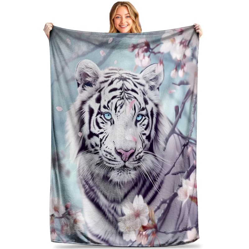 Sakura White Tiger Throw Flannel Suitable for Sofa Travel Plush Decorative Blanket Suitable for Sofa Bedroom Living Room Bed