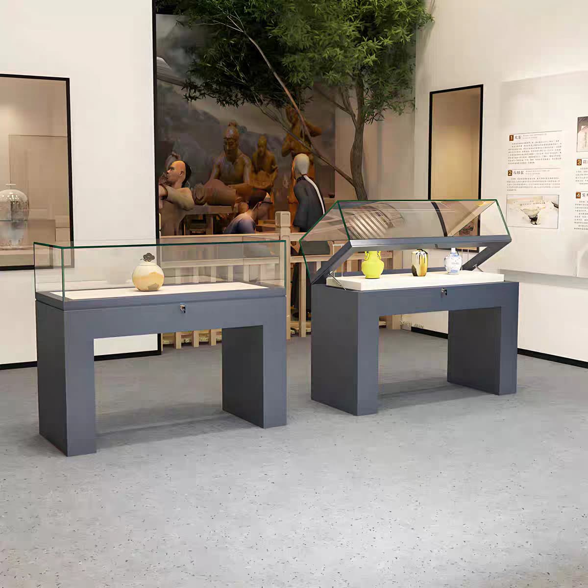 Museum exhibition hall display shelves and cabinets for artifacts, jewelry and glass display cases, temperature and humidity control cabinets, and freestanding display cases.