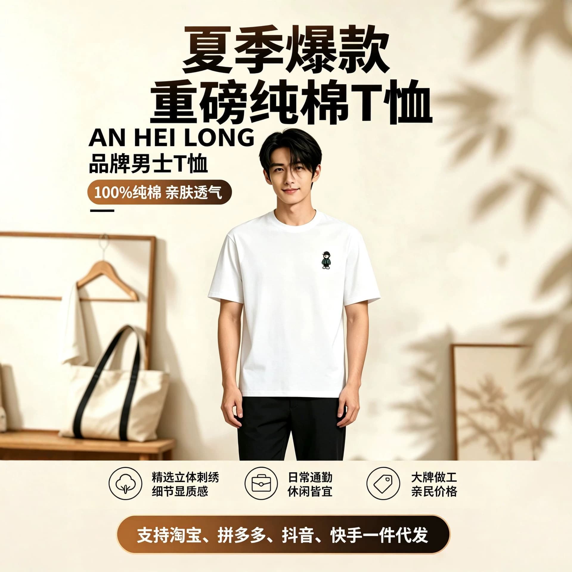 Heavy Embroidery Short-Sleeve Men's T-Shirt, Pure Cotton, Summer Casual Loose Round-Neck Men's Base Shirt Top Wholesale