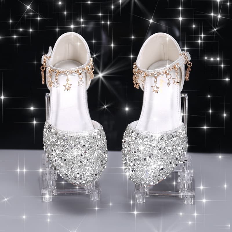 Girls High Heels Little Princess Stage Performance Catwalk Piano Silver Matching Evening Dress Flower Girl Crystal Girl Children