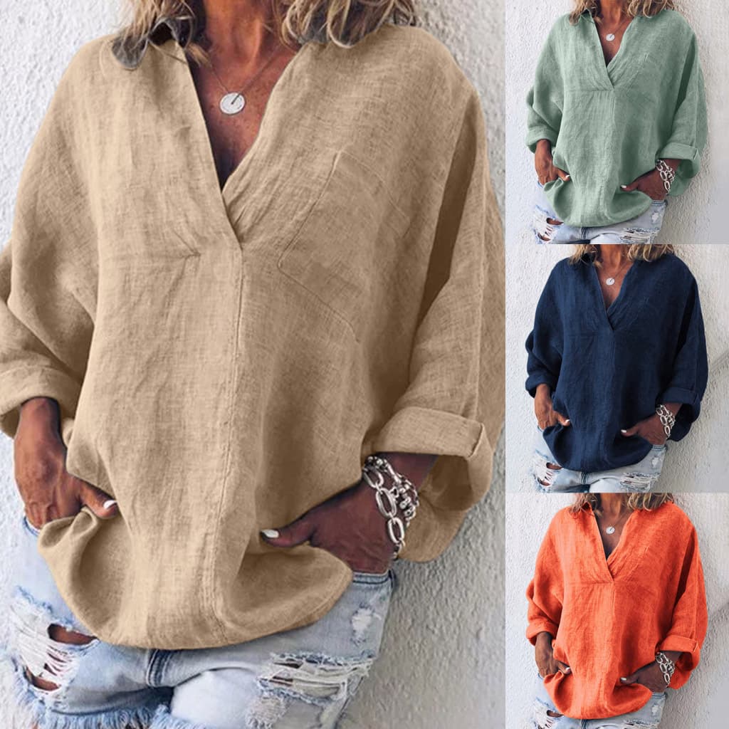 Women's V-Neck Long Sleeve Solid Color Cotton Linen Blouse Plus Size Fashion Casual Nine-Tenths Shirt