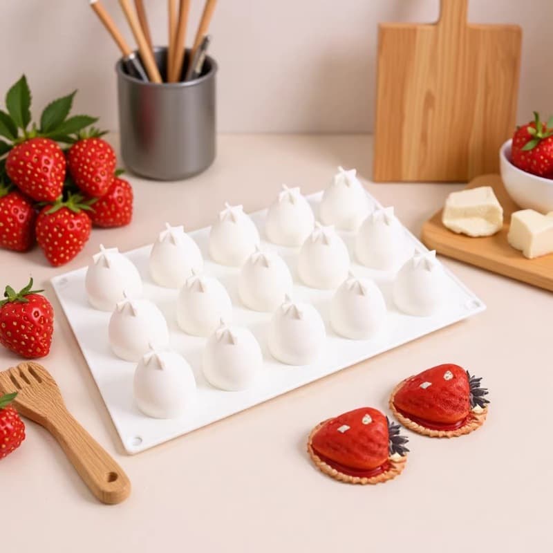 15-Cavity 3D Strawberry Mousse Cake Mold, DIY Fruit Shape Scented Candle Plaster Mold, Silicone Chocolate Mold