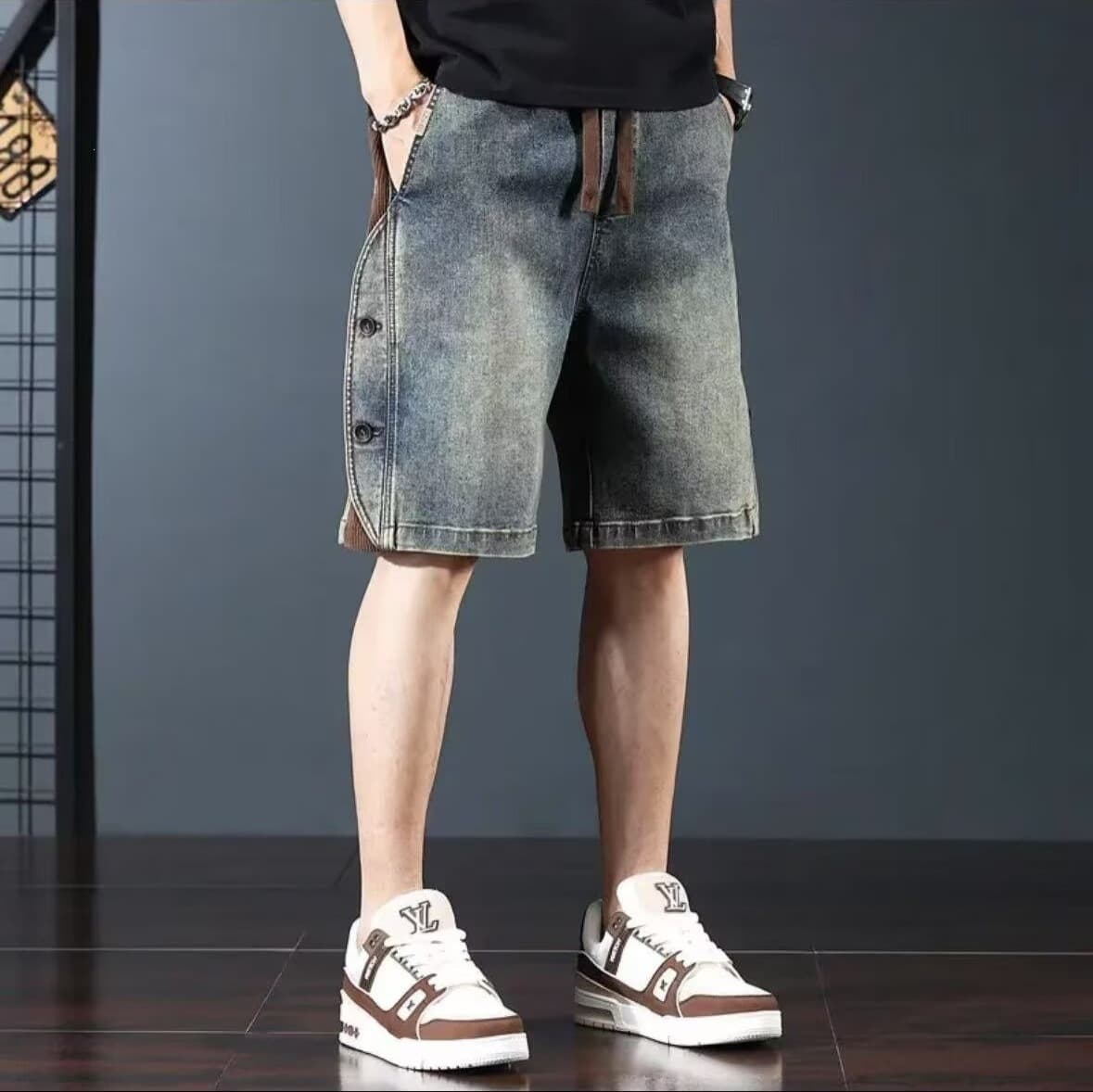 American Streetwear Denim Shorts for Men, Summer Loose Plus Size Cargo Five-Point Shorts, Straight Leg Riding Shorts, Men's Denim Shorts