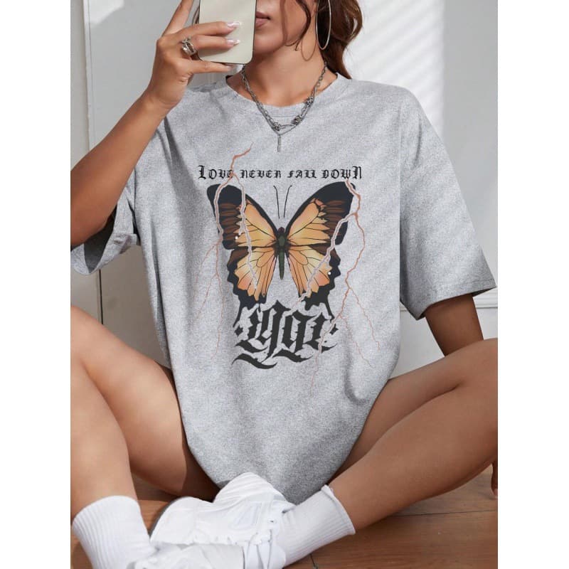 Graphic & Letter Print Crew Neck T-Shirt Women Plus Size Cotton