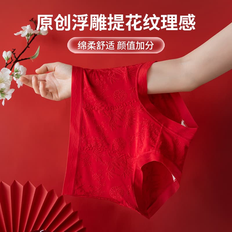 Red Underwear Zodiac Year New Chinese Style Women Mid-High Waist Large Size 10A Antibacterial Mulberry Silk Extended Gusset Triangle Panties Bagged