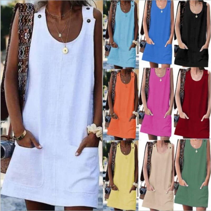 European and American cross-border Wish eBay new summer women's pocket button cotton linen overall dress